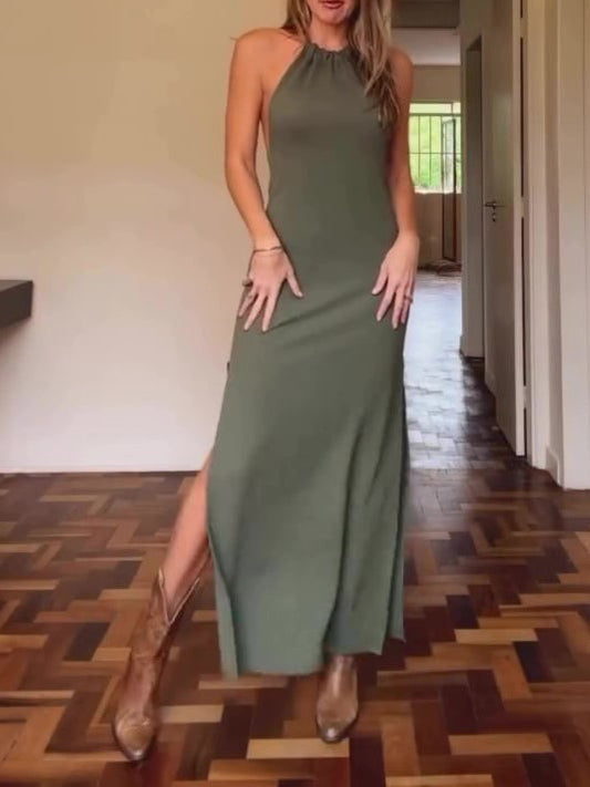 Halter Neck Open Back Slit Dress NorixaFashion.com