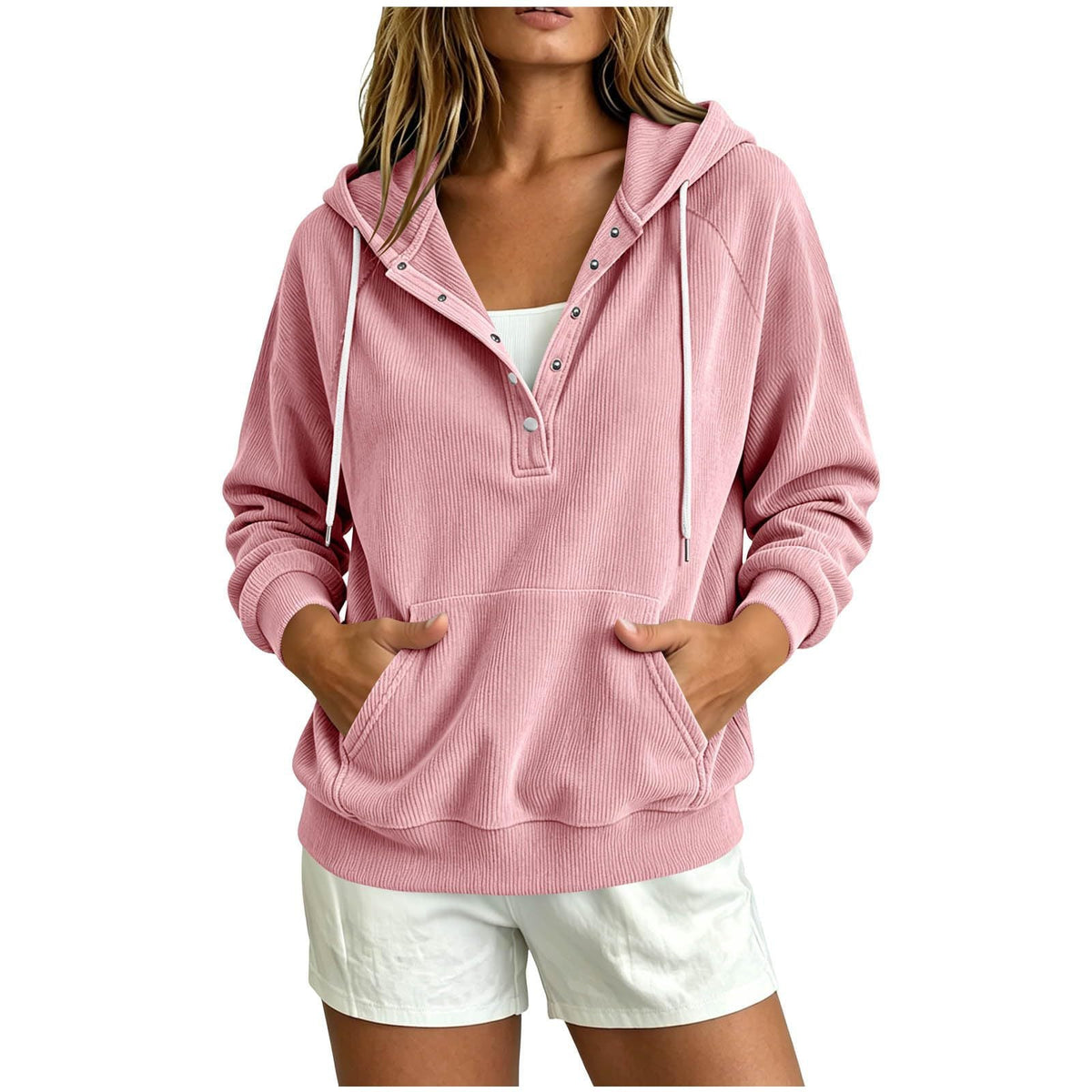 2026 Autumn New Style European Women's Dressy Corduroy Hooded Sweatshirt With Half-Closed Button And Drawstring Loose Top For Women NorixaFashion.com