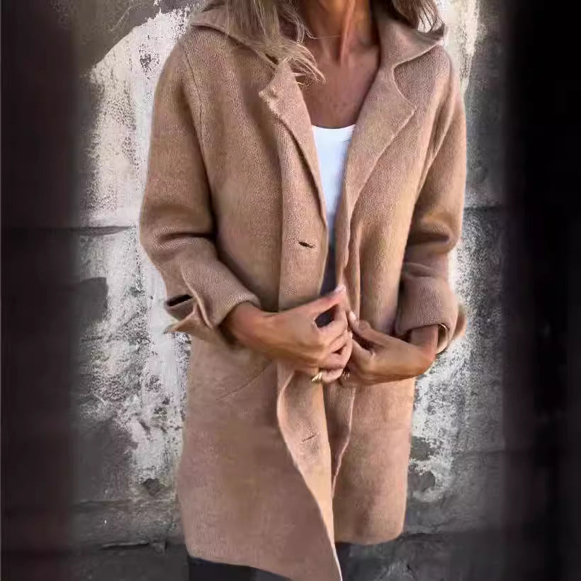 Lapel Single Breasted Cardigan With Pockets Fashion Color Solid Mid-Length Outwear Coat Womens Clothing LadyShow.Store