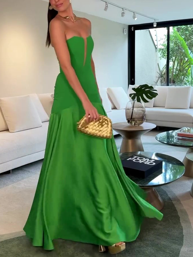 Green Tube Top With Satin Patchwork Evening Dress NorixaFashion.com