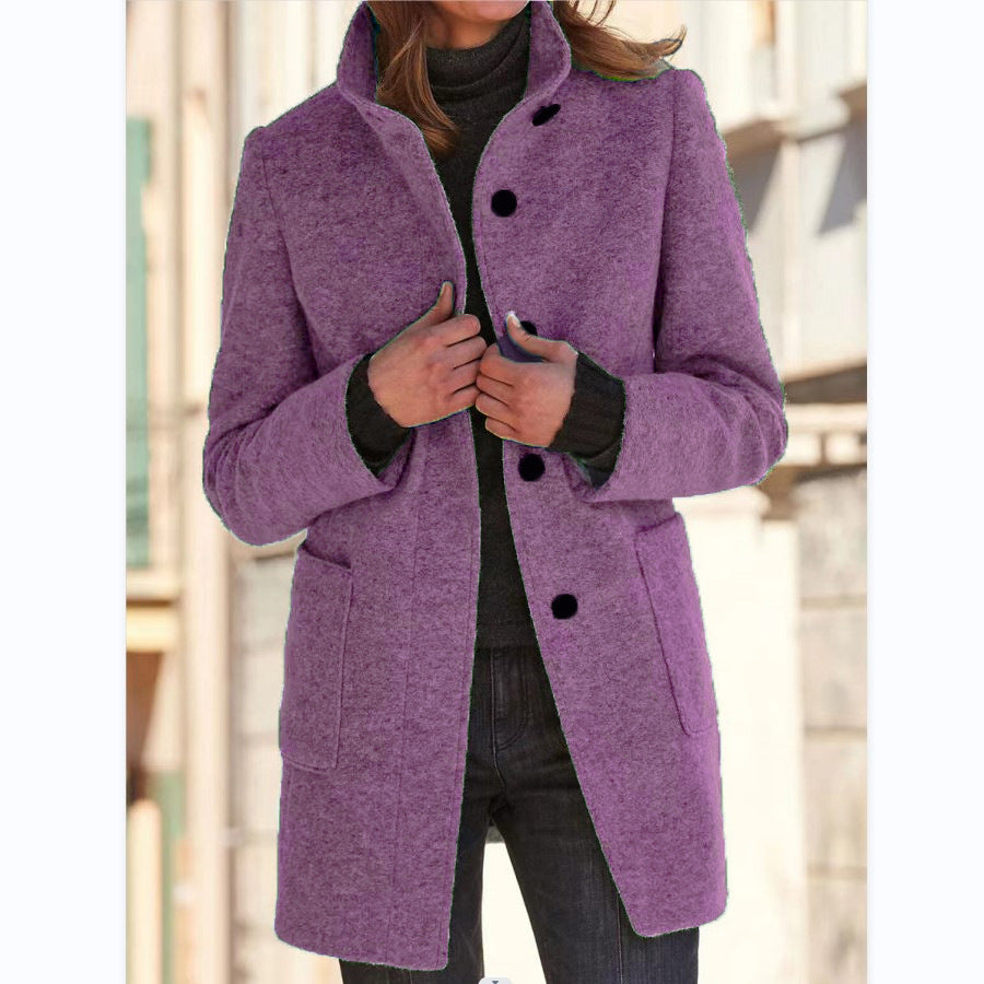 Women's Stand Collar Woolen Coat - Slim Fit Fall and Winter Button Front Trench Coat with Pockets Best YouTube Store