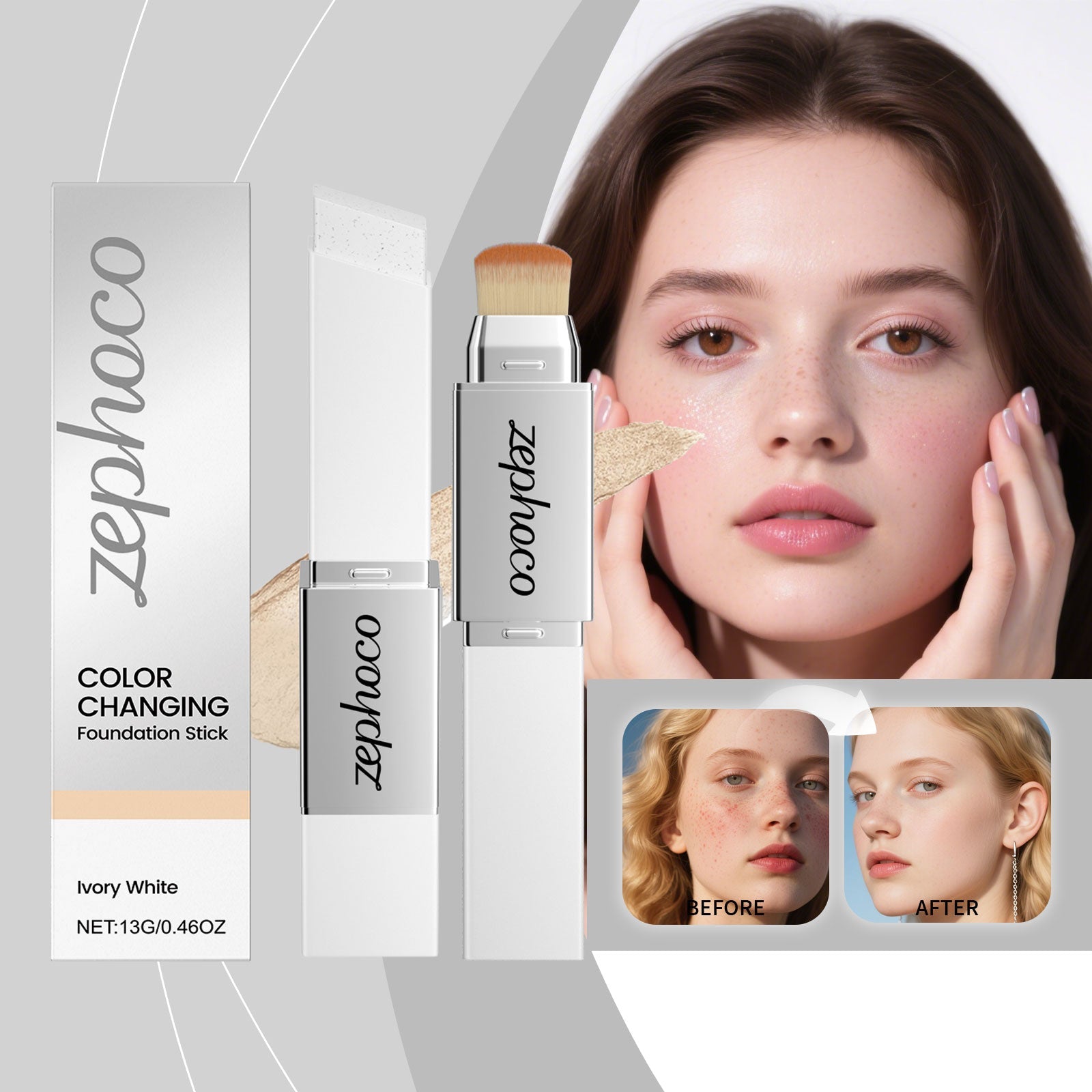 2-in-1 Color-Changing Foundation Stick Ivory White Tri Light Beauty