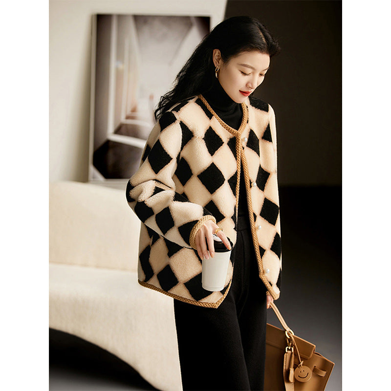 Chessboard Plaid Full Wool Sheepskin Fur Women's Winter Best YouTube Store