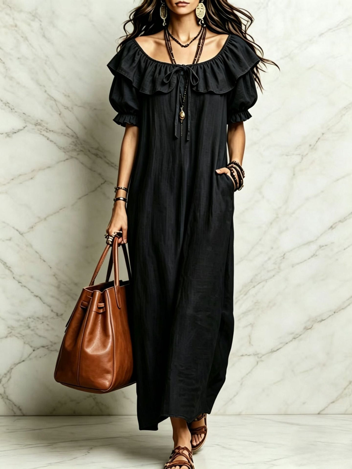 Summer 2026 Women's New Round Neck Ruffled Casual Seaside Vacation Dress From Europe And America NorixaFashion.com