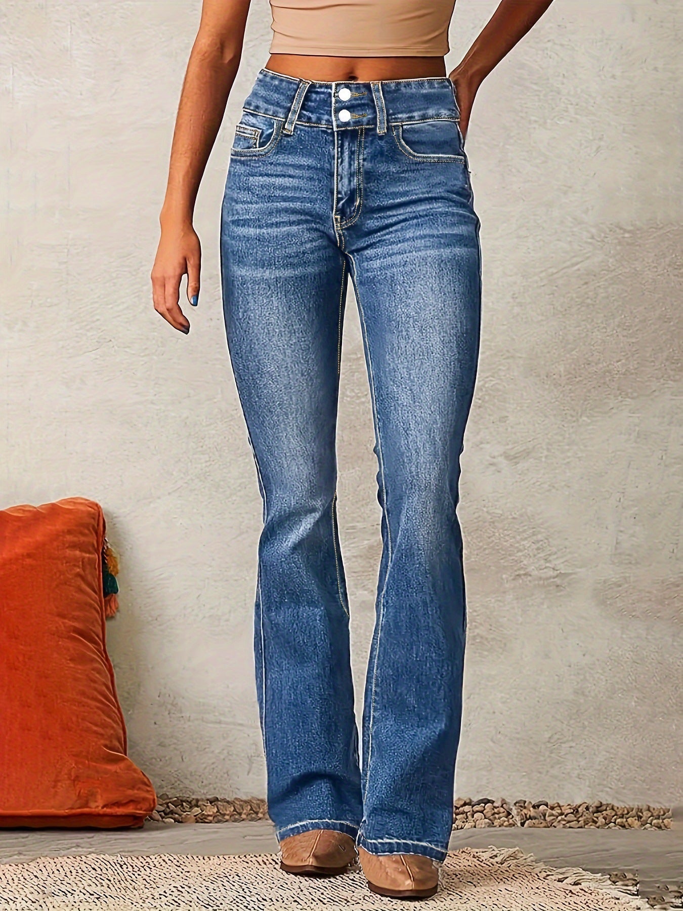 Skinny Flared Jeans With Pockets Fashion Button Zipper Trousers Women's Slim Denim Pants LadyShow.Store
