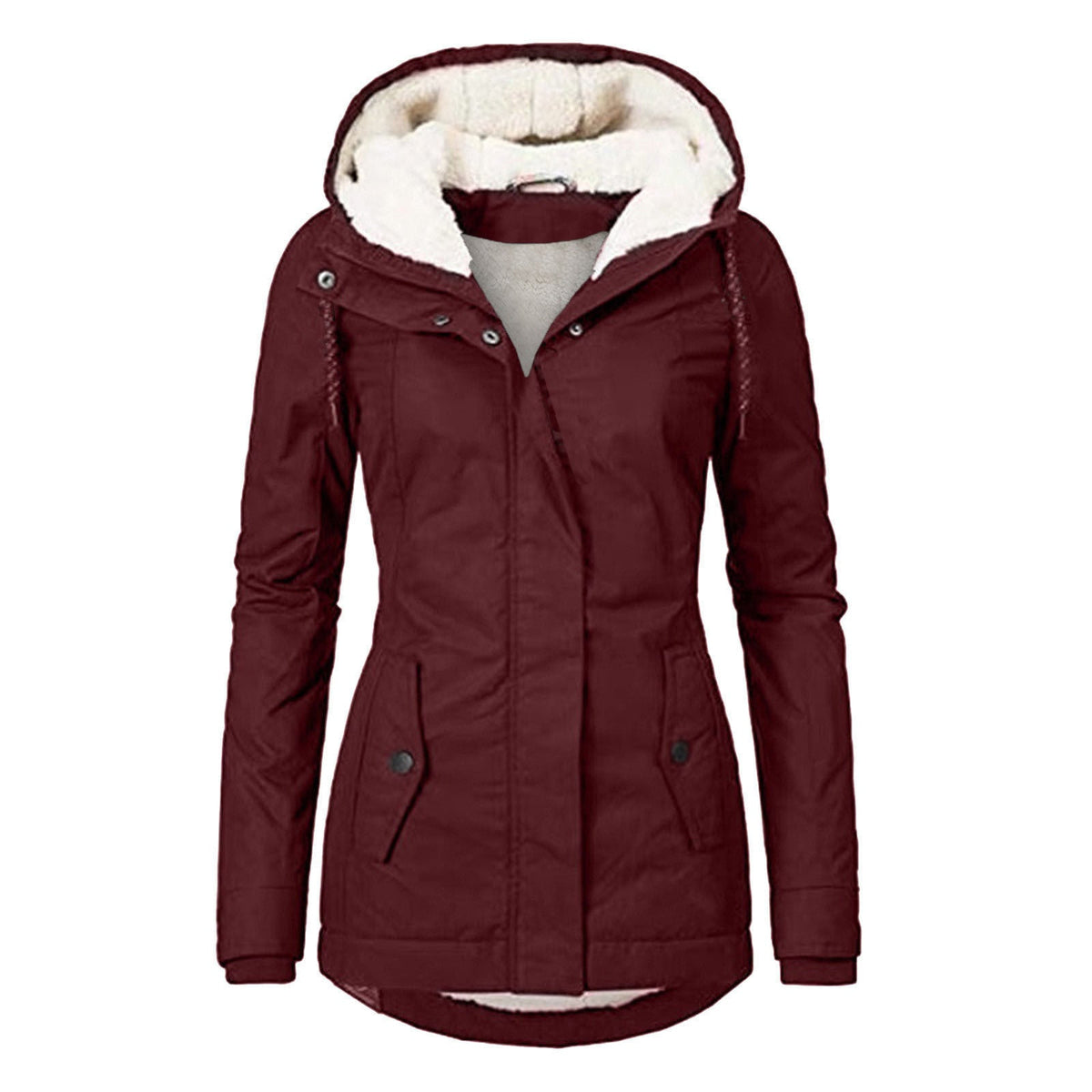 Winter Hooded Jacket Solid Color Warm Buckle Zip-up Fleece Jacket With Pockets Women's Casual Jacket LadyShow.Store