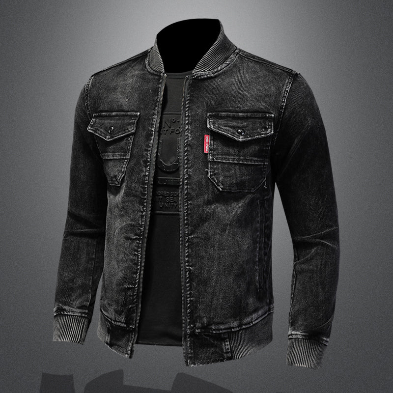Retro Slim Fit Denim Jacket with Corduroy Collar Pi-Mart