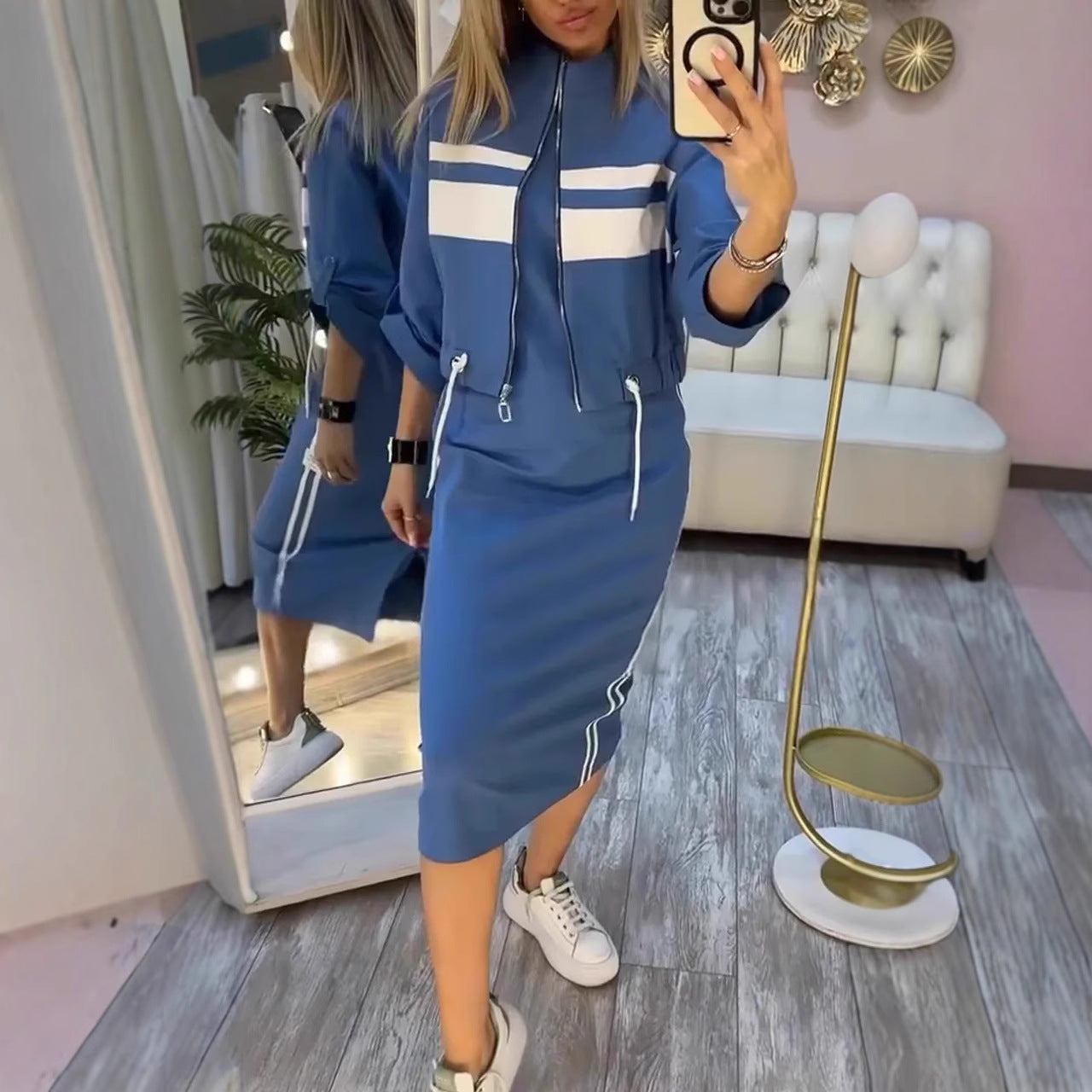Casual Zipper White Stripe Edge Jacket Coat Dress Women's Suit LuxuryLifeWay Online Store