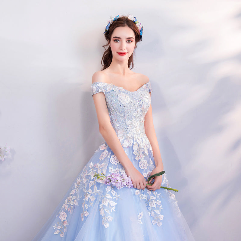 Blue Flowers Bride Wedding Toast Art Test Wedding Evening Dress LadyShow.Store