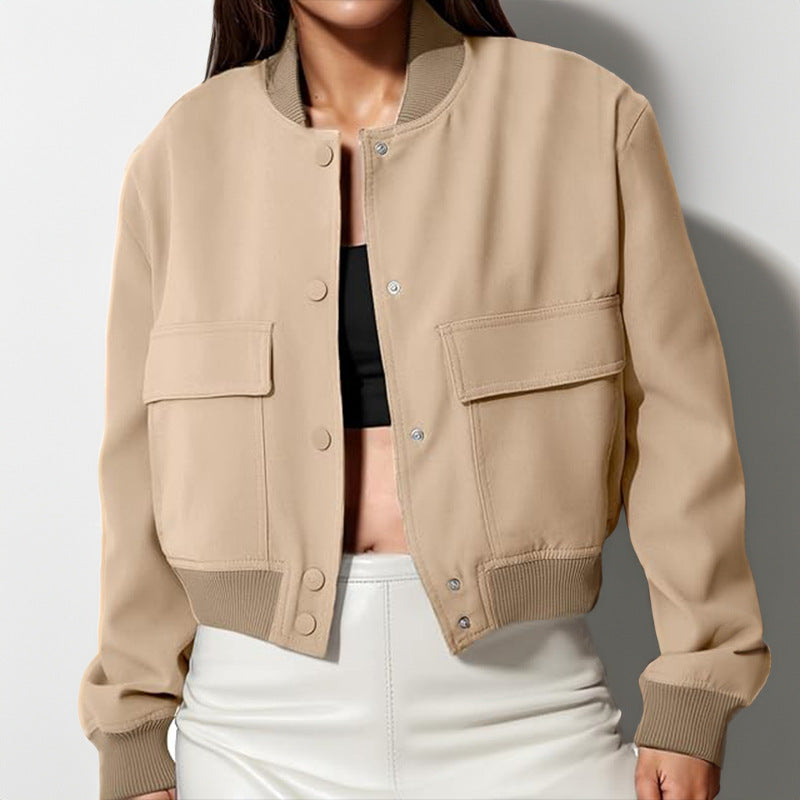Fashion Button Stand-collar Jacket With Big Pockets Casual Loose Short Outwear Tops Coat For Women Clothing LuxuryLifeWay Online Store
