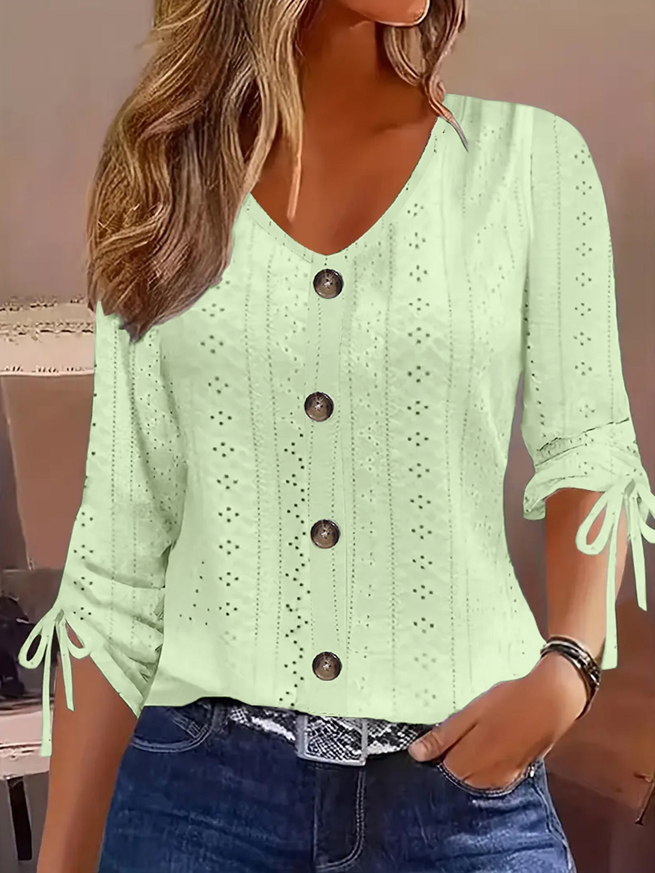 Solid-color Jacquard V-neck Buttoned Mid-sleeve T-shirt Top NorixaFashion.com