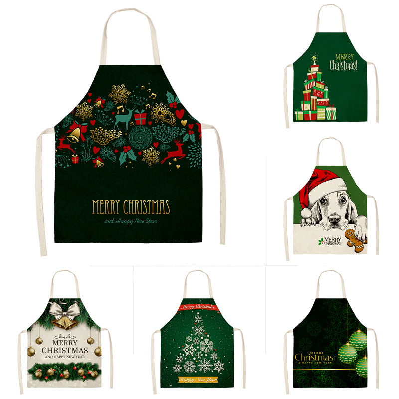 Household Green Series Christmas Dog Linen Apron Used In Kitchen PearlNestDecor.com