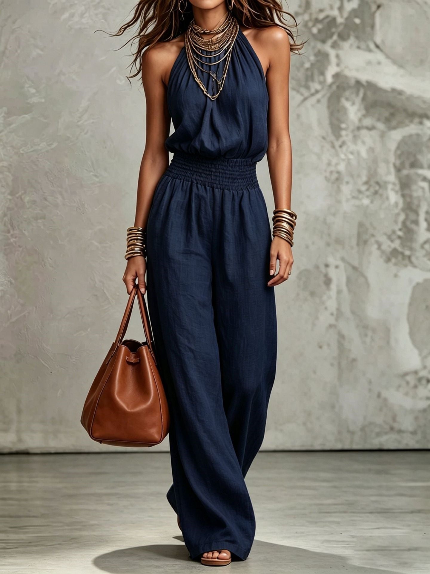 Womens Sleeveless Jumpsuit Backless Lace-up Halter Overall Pants Wide-leg Straight Onesie Trousers NorixaFashion.com