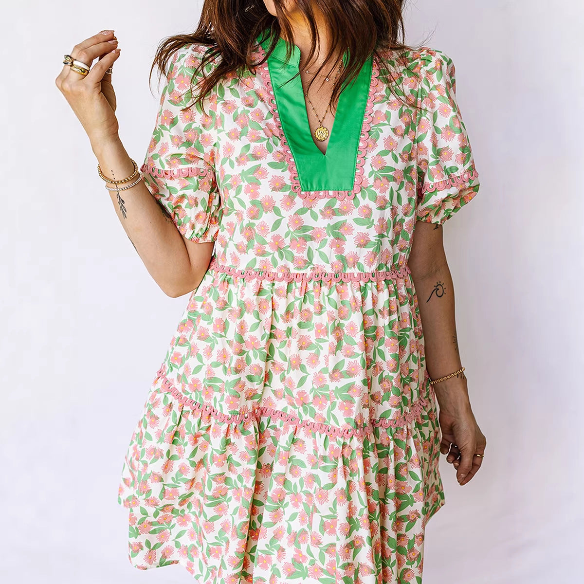 Printed Lace Patchwork Dress Women NorixaFashion.com