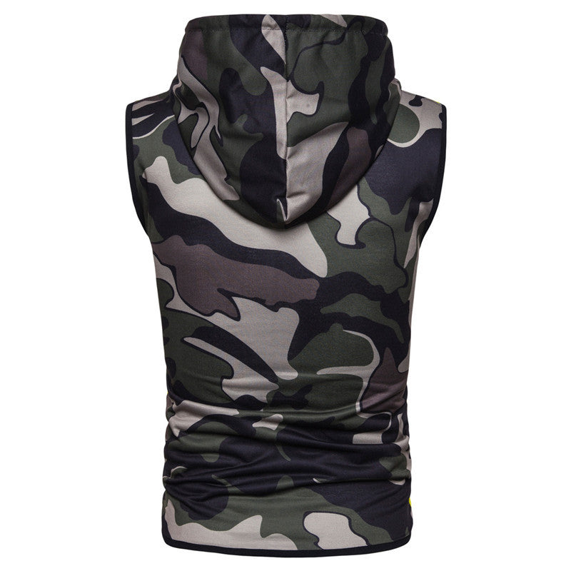 Zipper Hooded Sleeveless Camouflage Printed Fitness Sports Vest