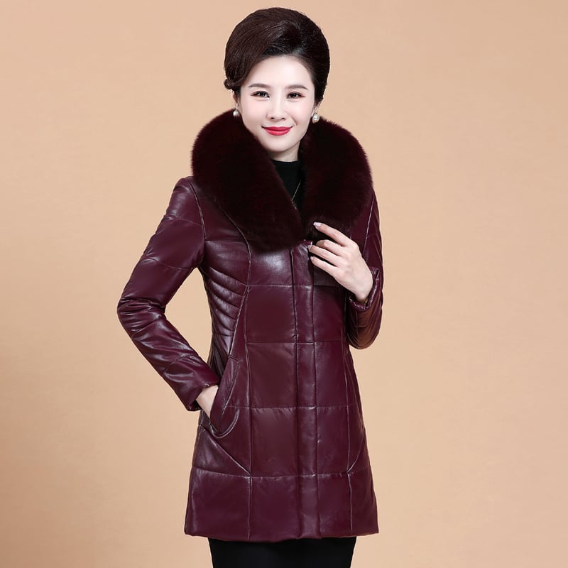 Women's Thickened Leather Down Jacket with Fur Collar Pi-Mart