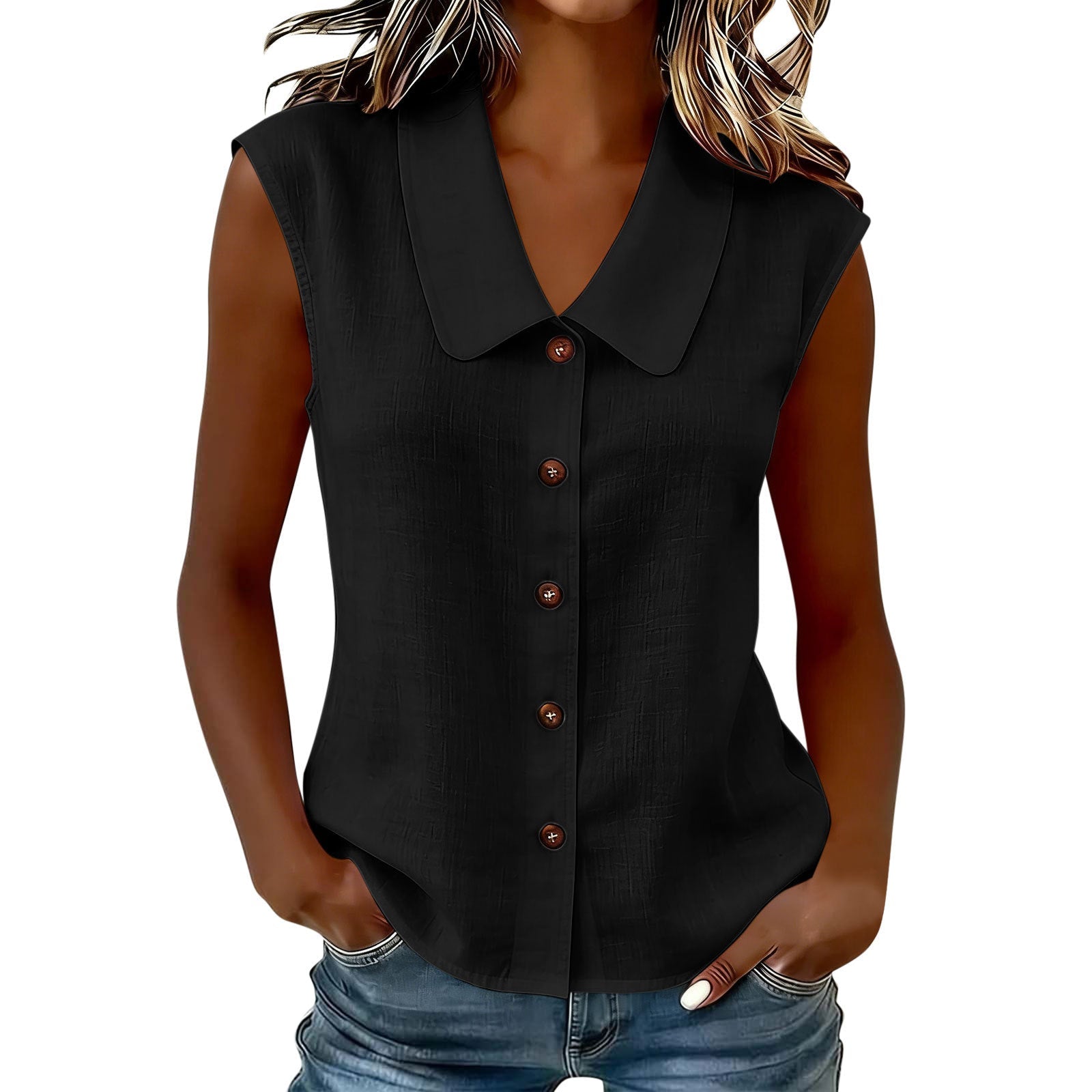 Womens Polo-neck Sleeveless Button-up Cardigan Top NorixaFashion.com