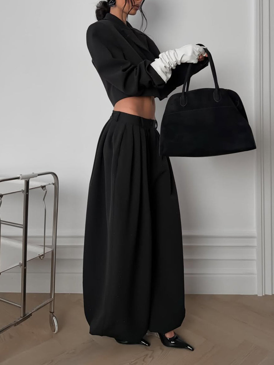 Black Rhinestone Embellished Cropped Blazer & Wide Leg Pants 2-Piece Set NorixaFashion.com