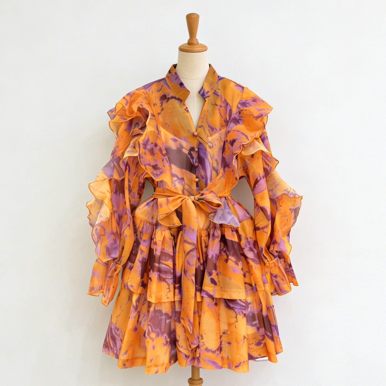 V-neck Ruffled Tie-waist Dress NorixaFashion.com
