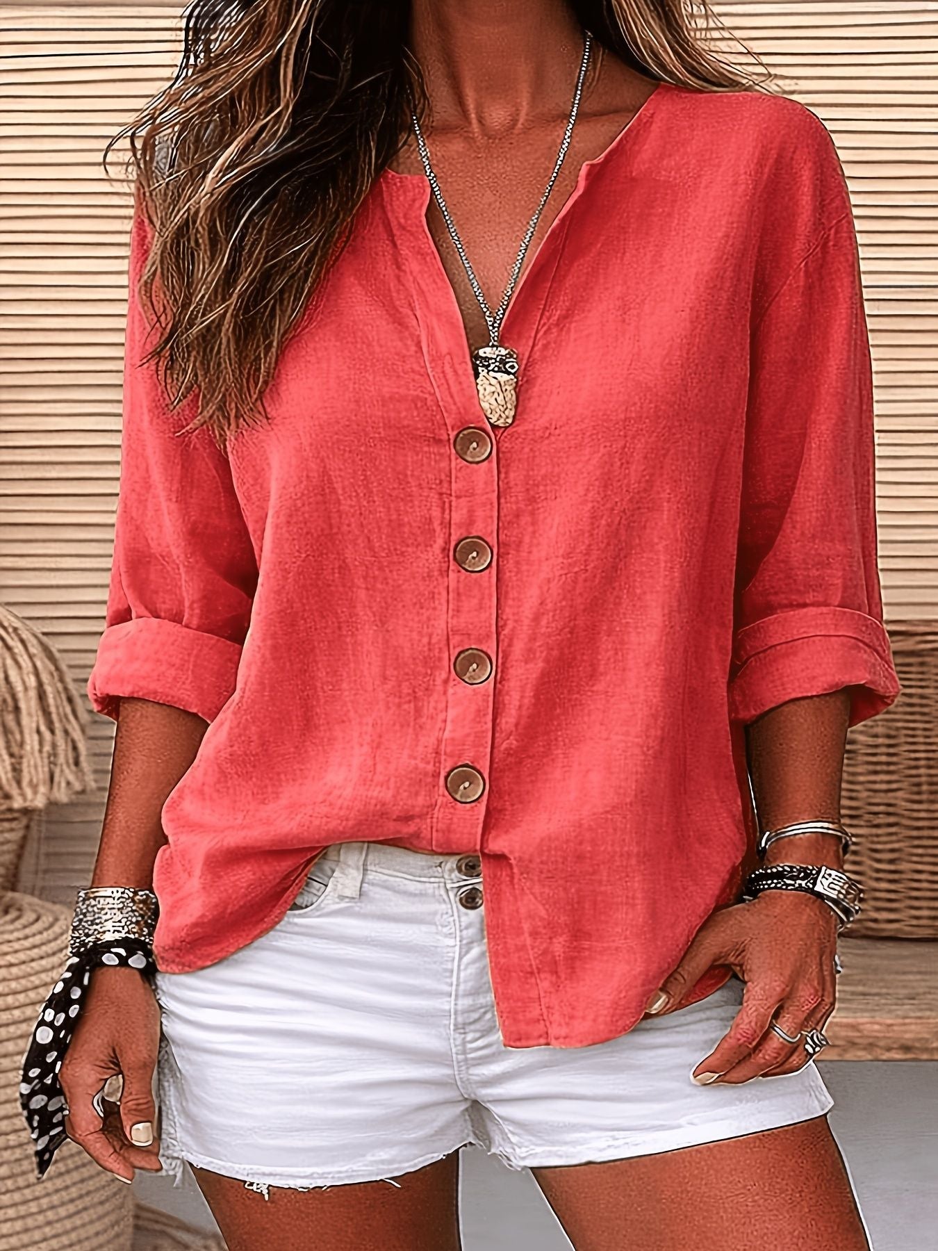Womens V-neck Cotton-Linen Button-Down T-shirt Top NorixaFashion.com