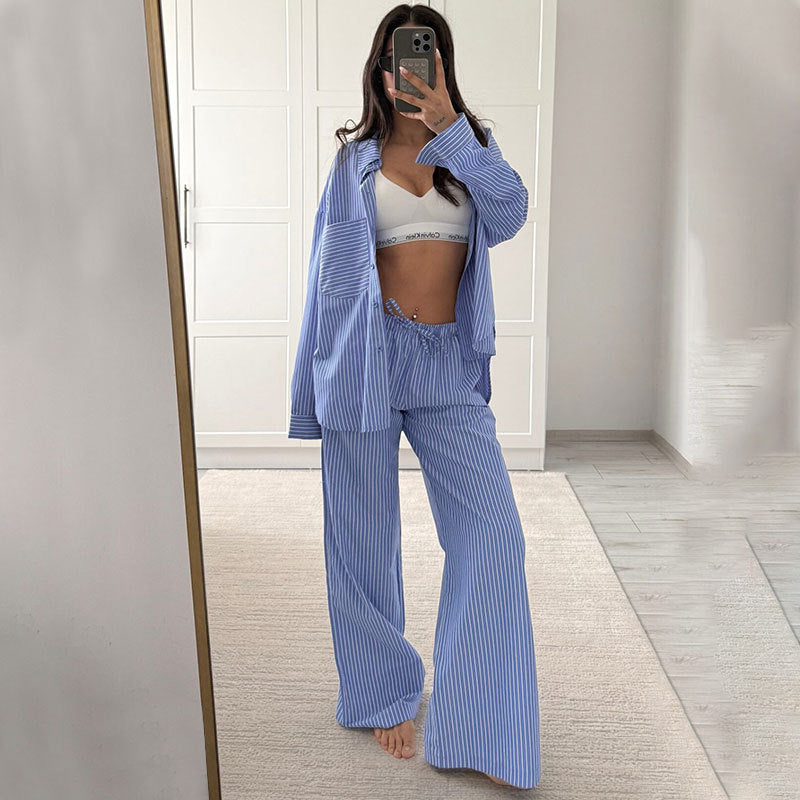 Fashionable Striped Casual Simple Womens Long-Sleeve Top And Pants Loose Set NorixaFashion.com