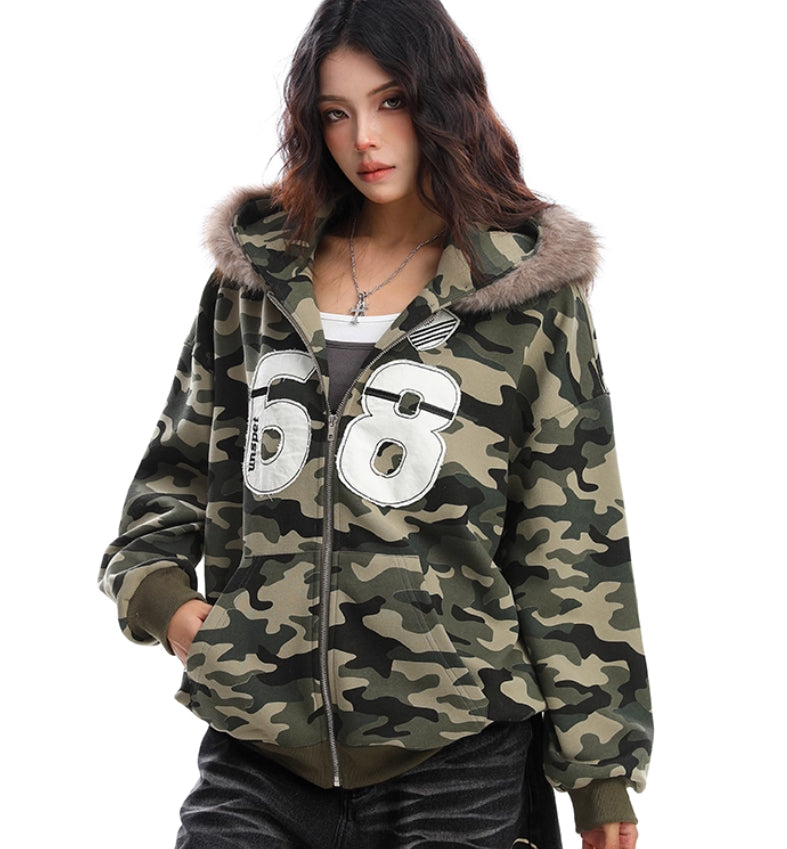 Camouflage Fur Collar Hooded Sweater Best YouTube Store