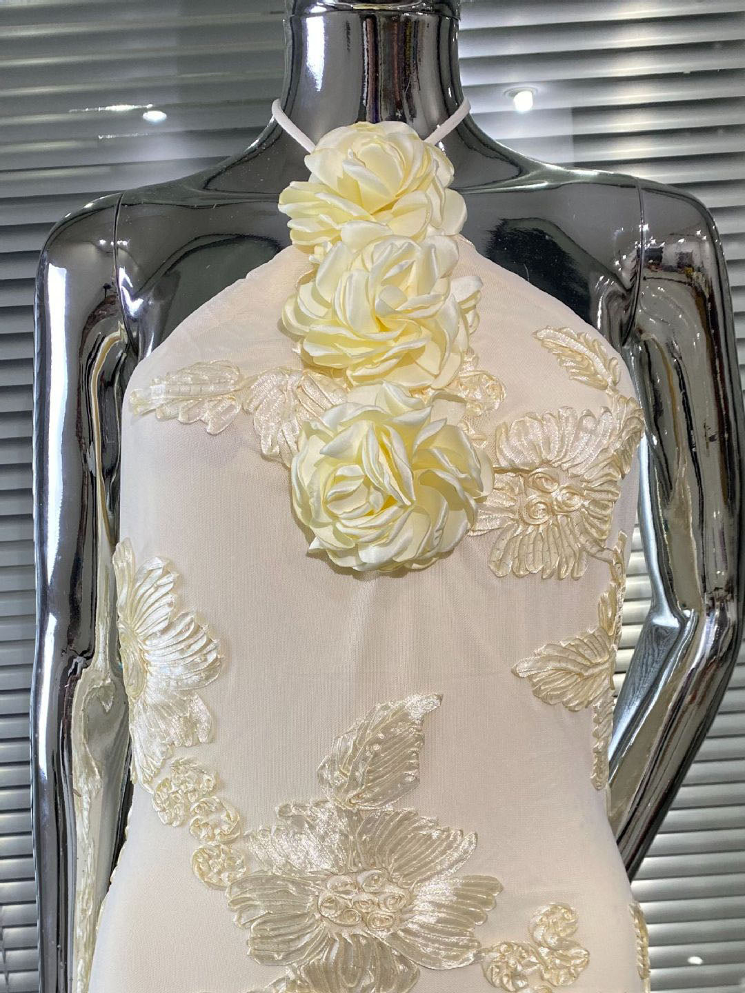 Cream Floral  Halter Neck Mermaid Gown NorixaFashion.com