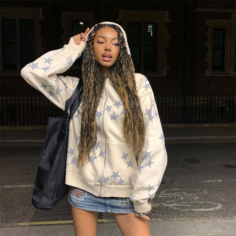 Stars Printed Zipper Hooded Cardigan Couple Fashion Outerwear Hoodies Sweatshirt Street Men Women Coat LadyShow.Store