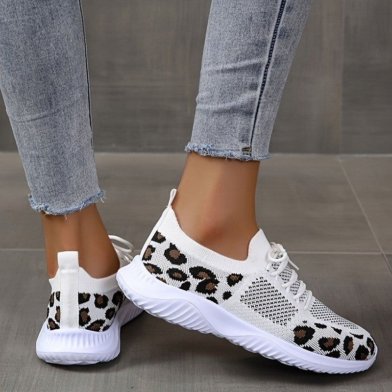White Shoes Women Leopard Print Lace-up Sneakers Sports CJD