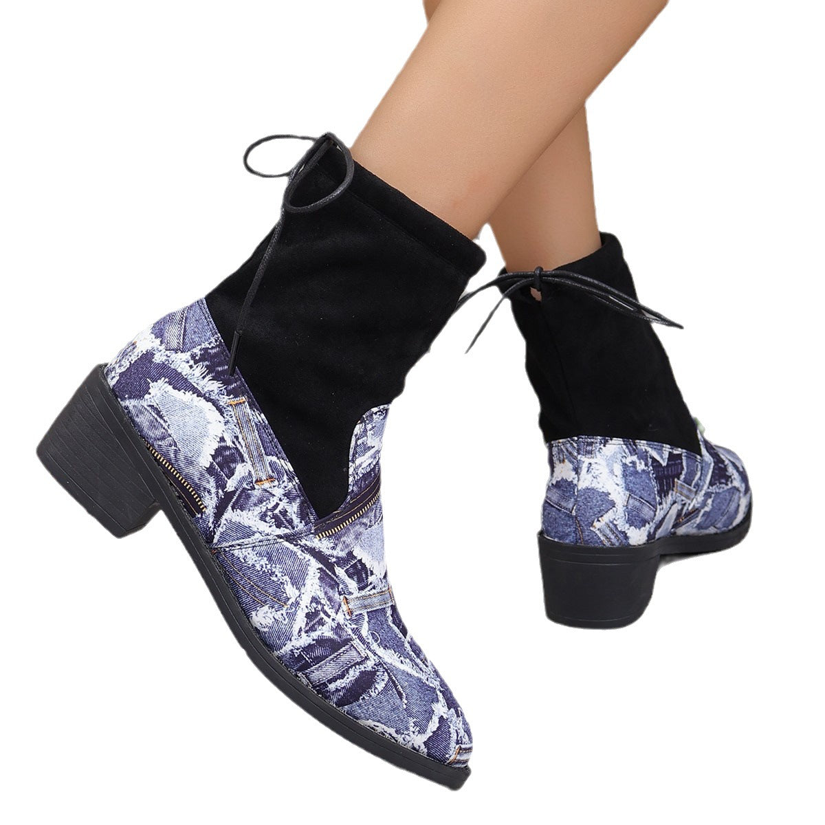 Serpentine Print Sock Boots Women Fashion Square Chunky Heels Cowboy Boots Autumn And Winter Back Lace-up Round Toe Shoes LadyShow.Store
