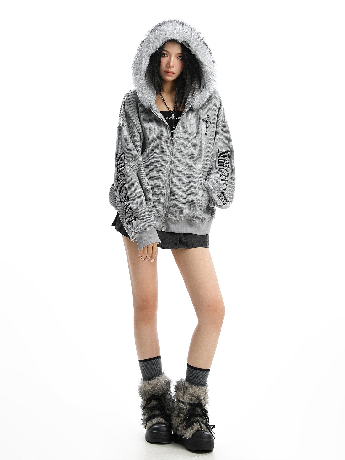 Cross Printed Hoodie Women's Fur Collar Baggy Coat Best YouTube Store