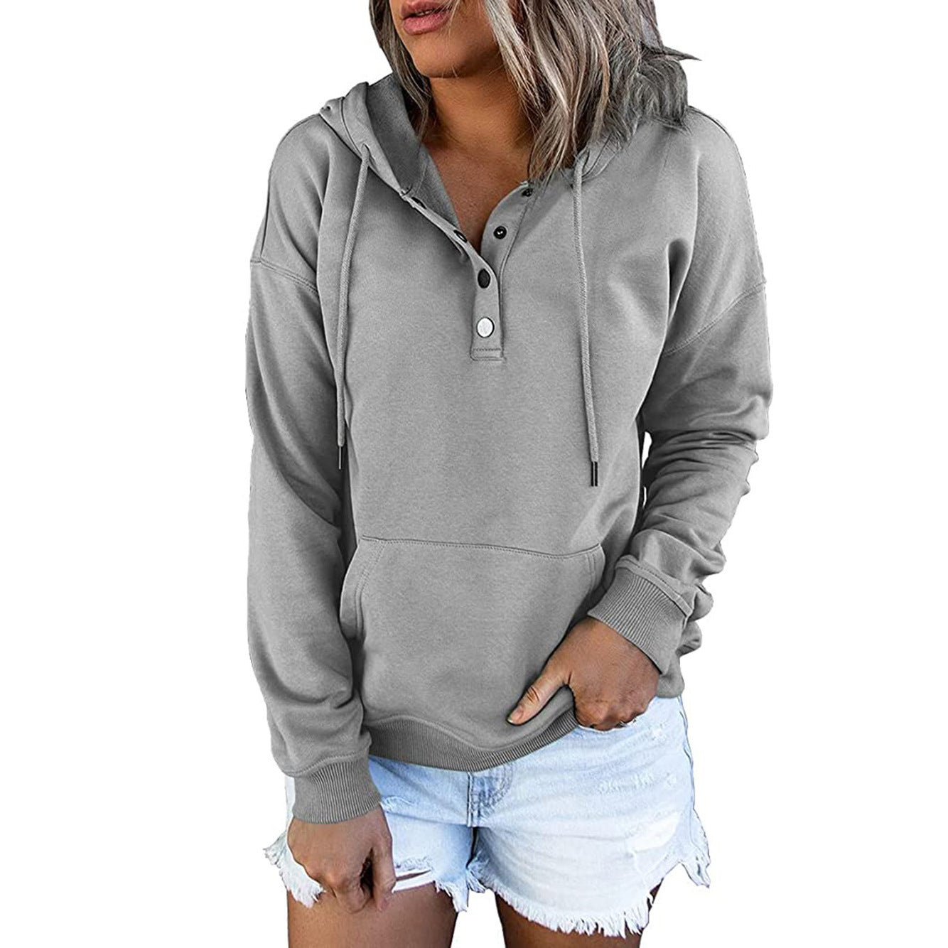 Long-sleeved Hooded Sweatshirt With Pockets Fashion Casual Button Drawstring Design Hoodie Top Spring And Autumn Sports Clothing For Women LadyShow.Store
