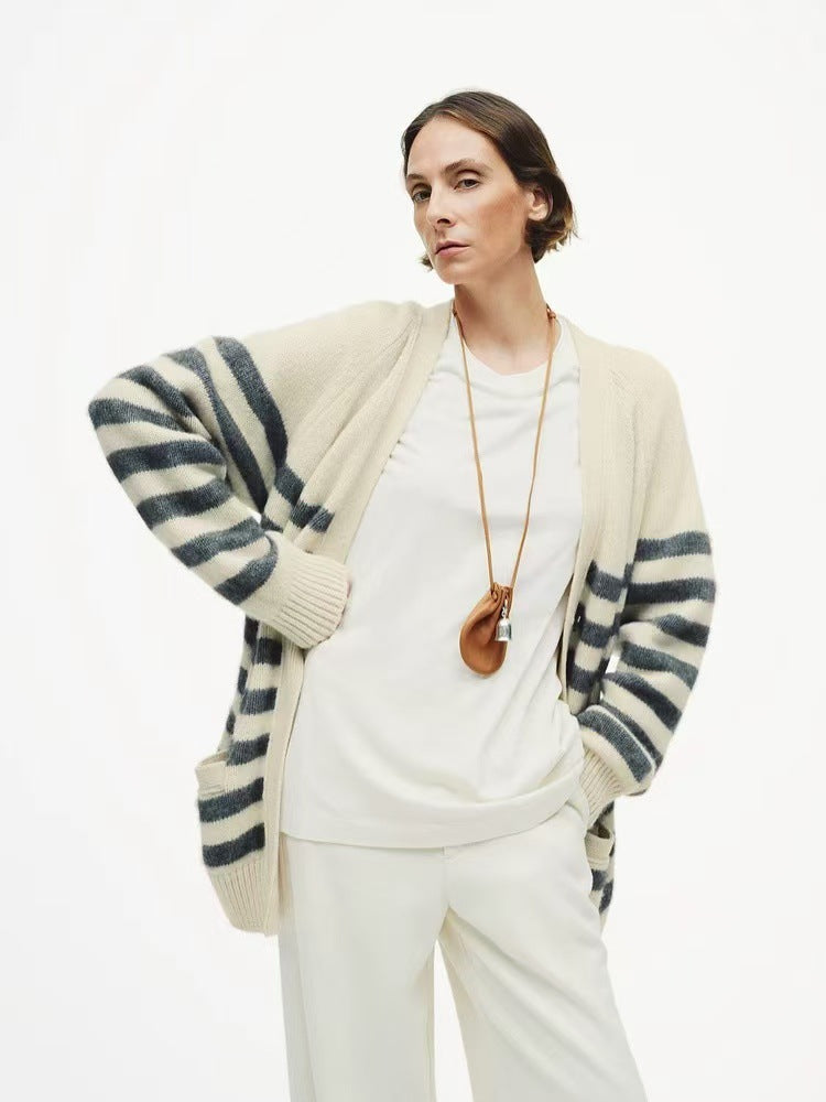 Womens Striped Wool Color-Block Knitted Cardigan Coat Best YouTube Store