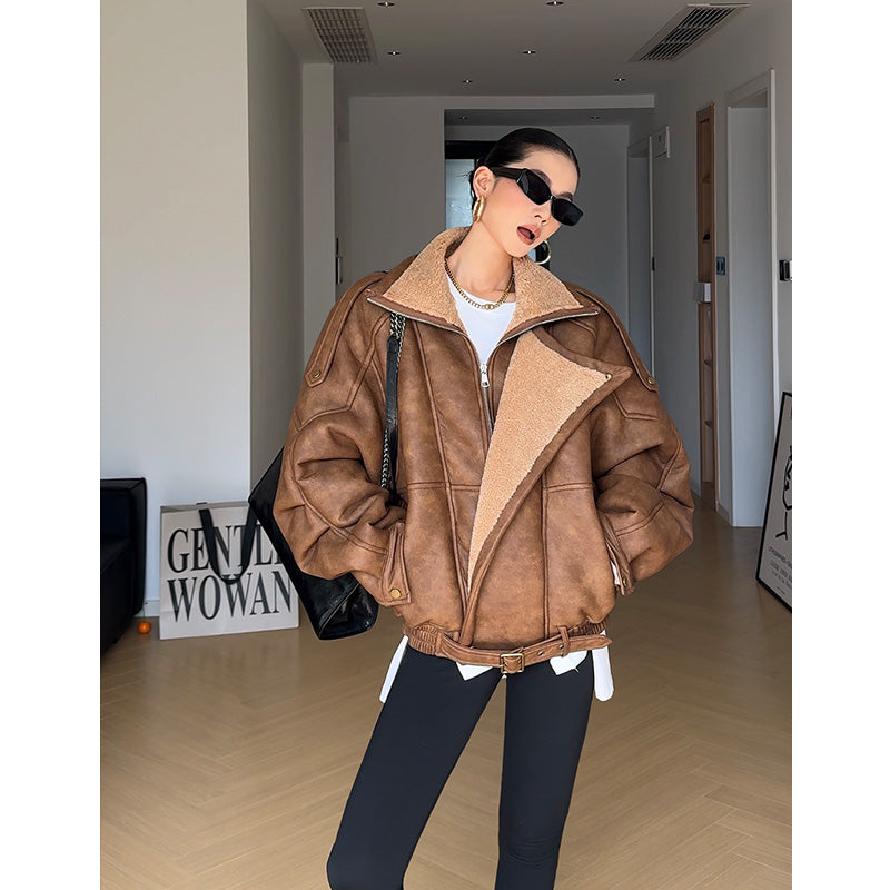 Retro Motorcycle Clothing Lapel With Velvet Thickened Fur Jacket LadyShow.Store