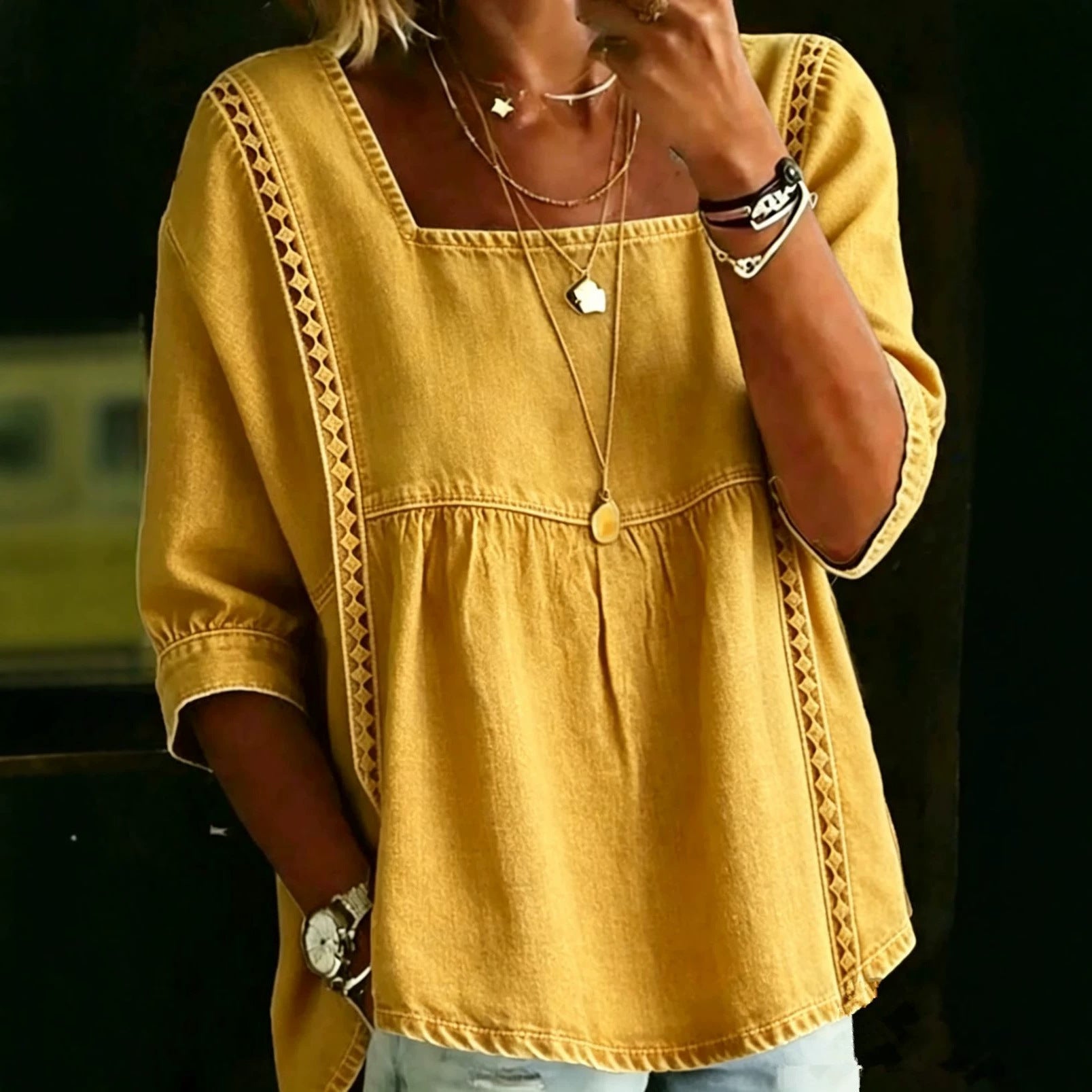 Denim And Lace Patchwork Blouse European And American Style NorixaFashion.com