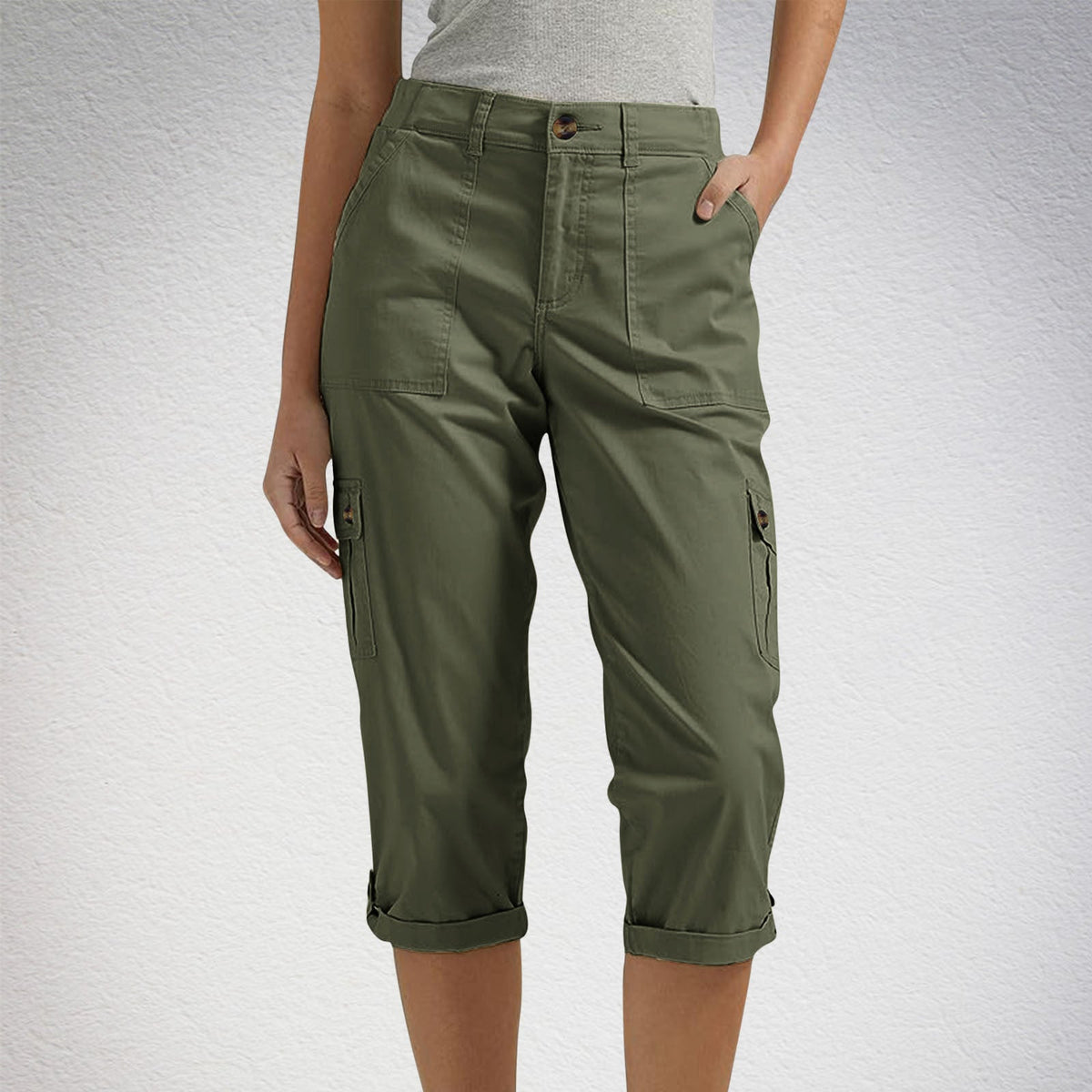 Solid Color Casual Cropped Pants - Women's High Waist Multiple Pockets Capri Trousers for Daily Wear NorixaFashion.com