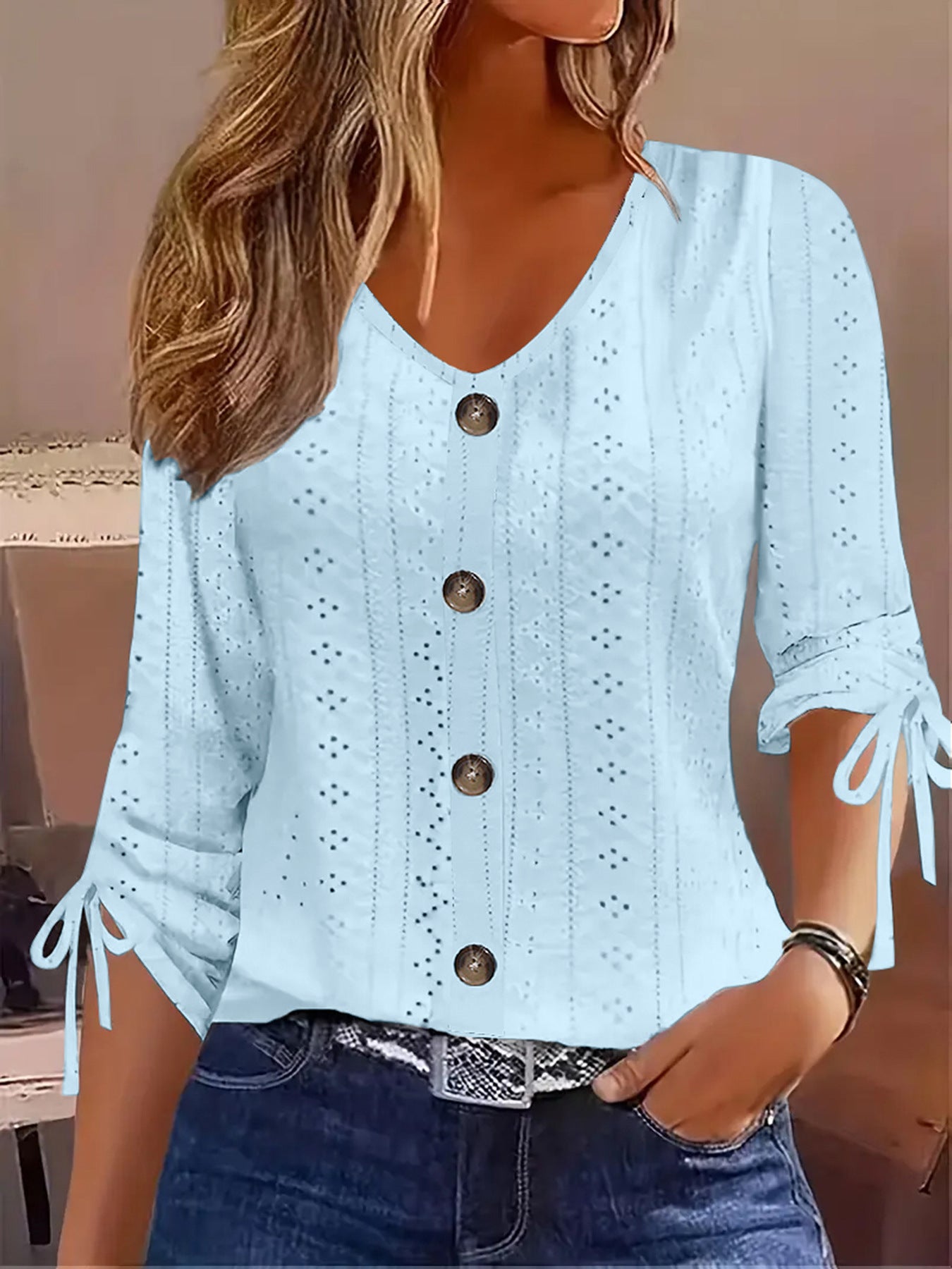 Solid-color Jacquard V-neck Buttoned Mid-sleeve T-shirt Top NorixaFashion.com