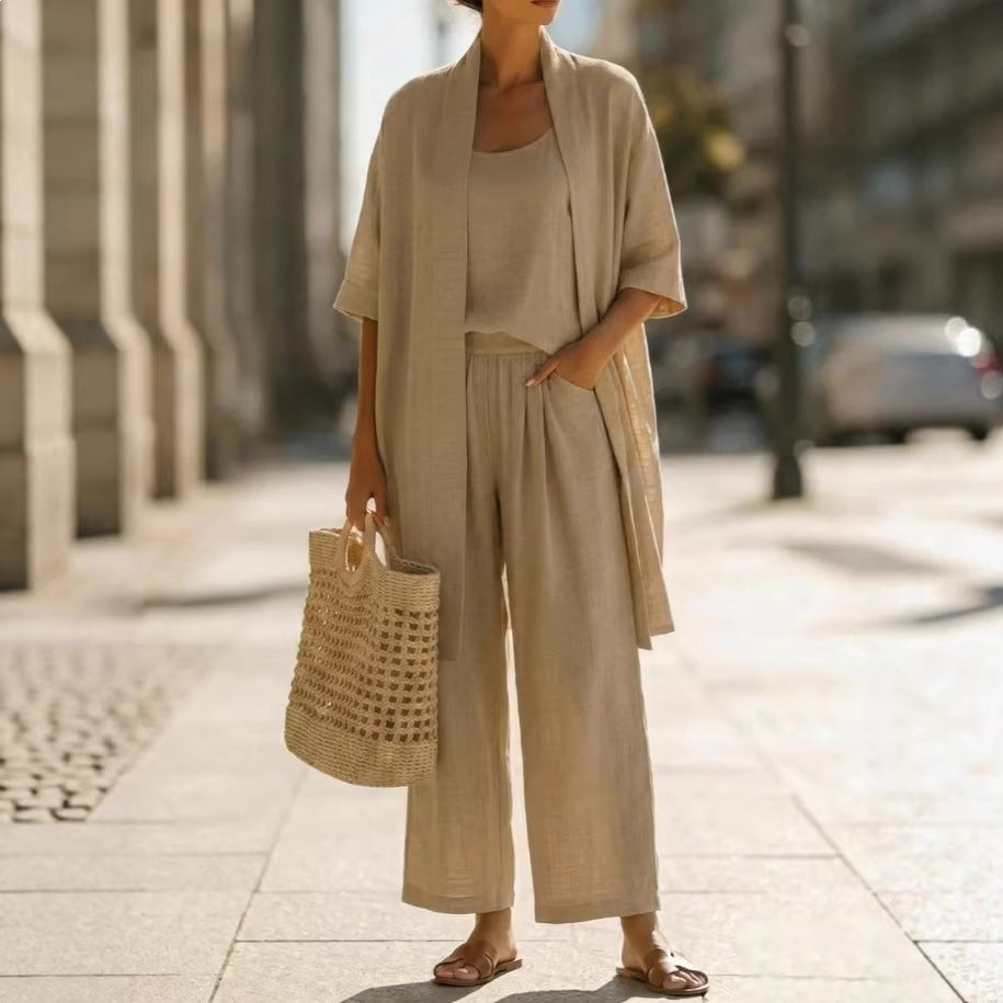 Three-piece Suit Women's Mid-length Cardigan Tank Top And Straight-leg With Pockets Fashion Trousers Set NorixaFashion.com