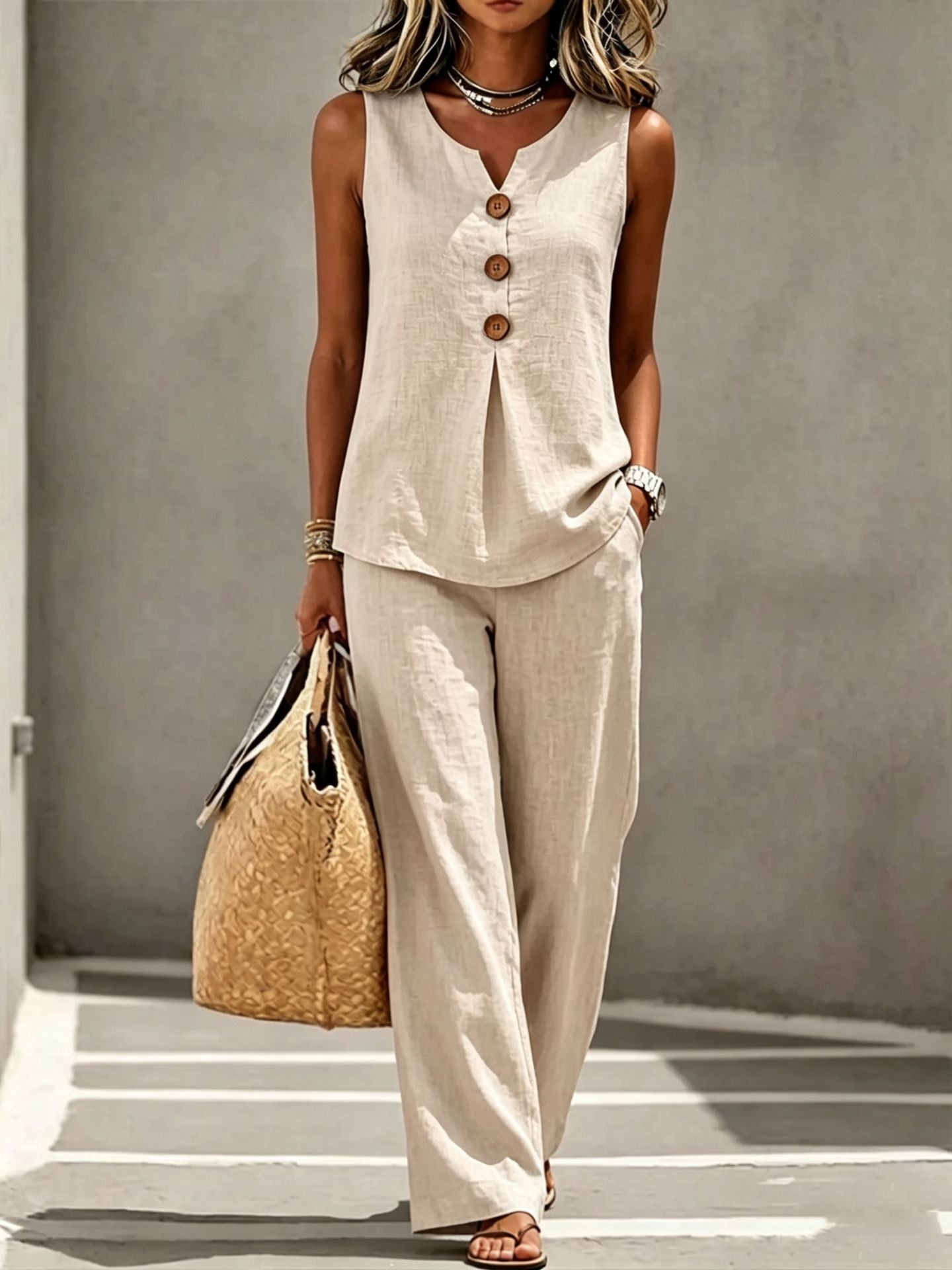 Womens V-neck Buttoned Sleeveless Vest Top Set Two-piece Outfit NorixaFashion.com