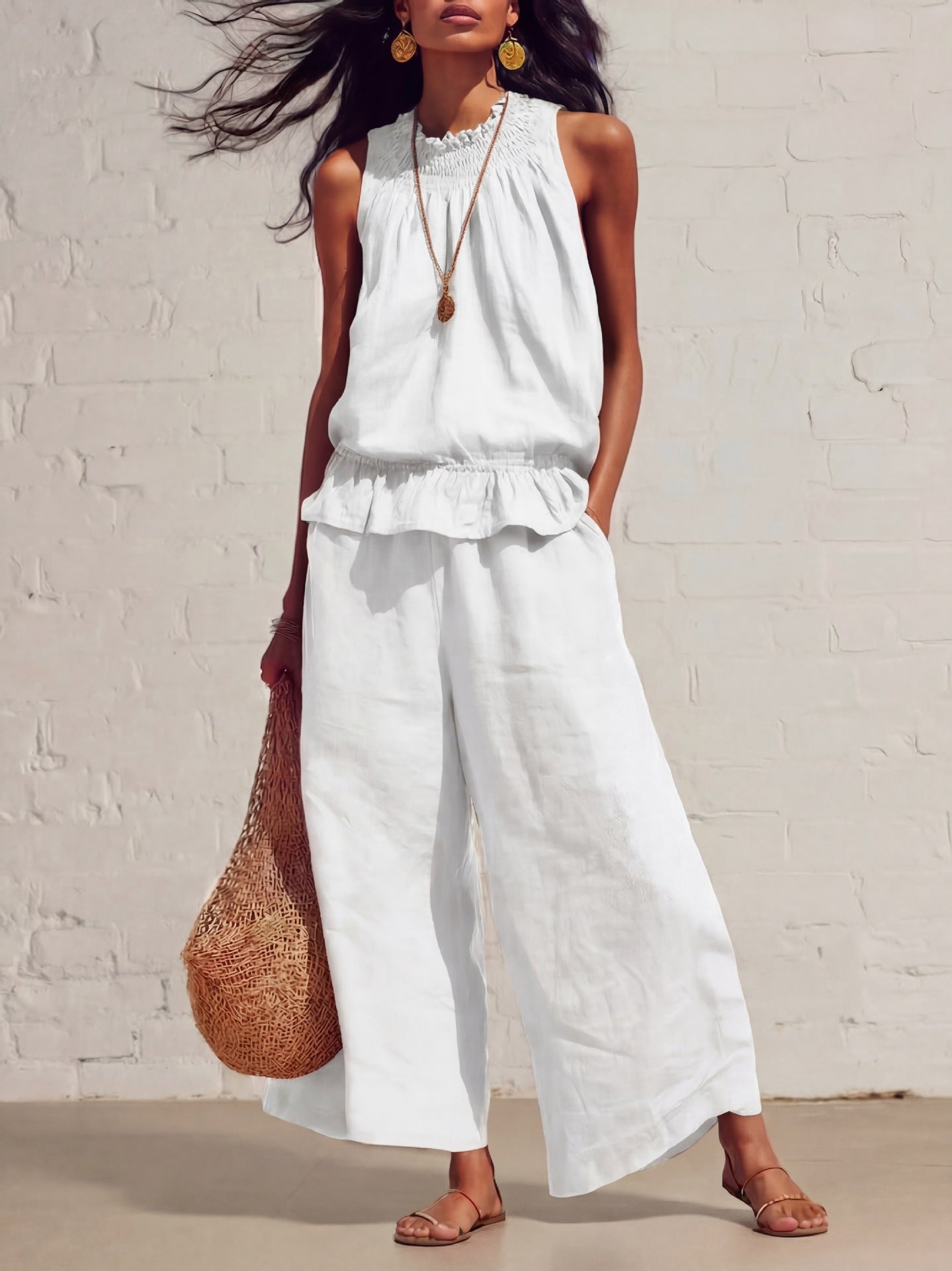 Summer Sleeveless Suit Fashion Ruffled Vest Top And Straight-leg Pants Women's Two-Piece Set NorixaFashion.com