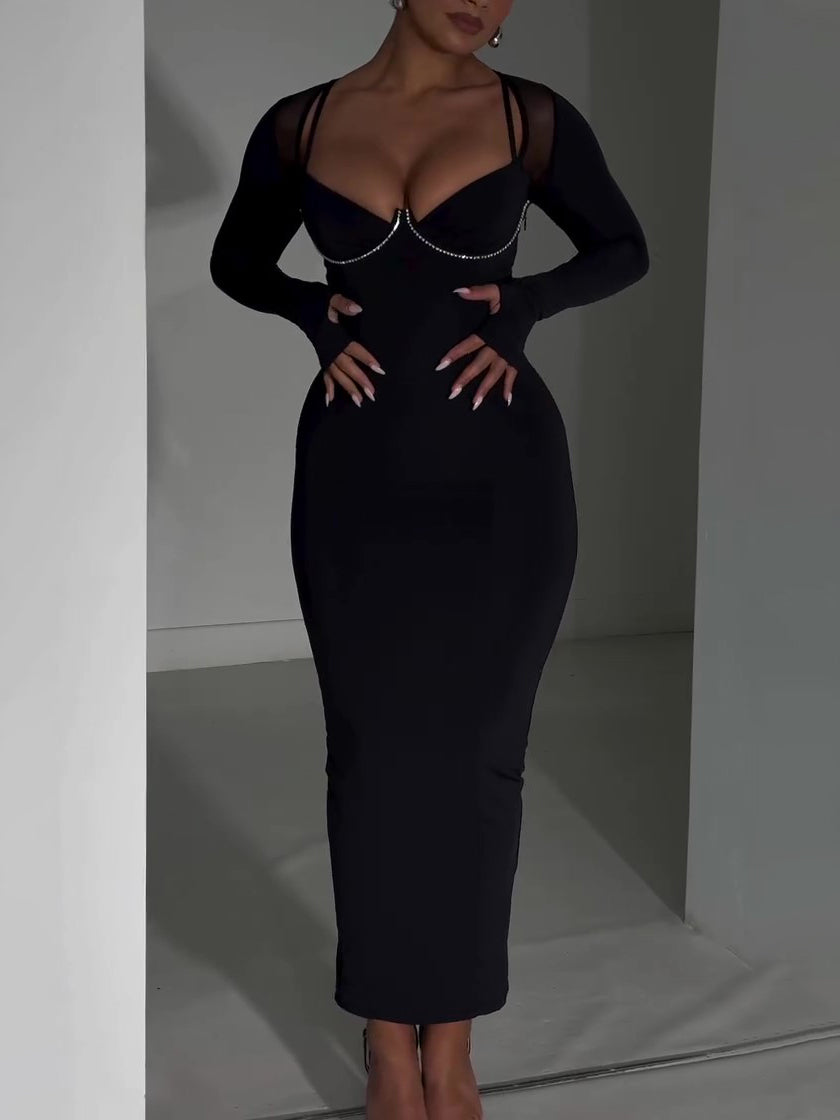 Black Bodycon Midi Dress With Rhinestone Chain Detail And Mesh Sleeves NorixaFashion.com