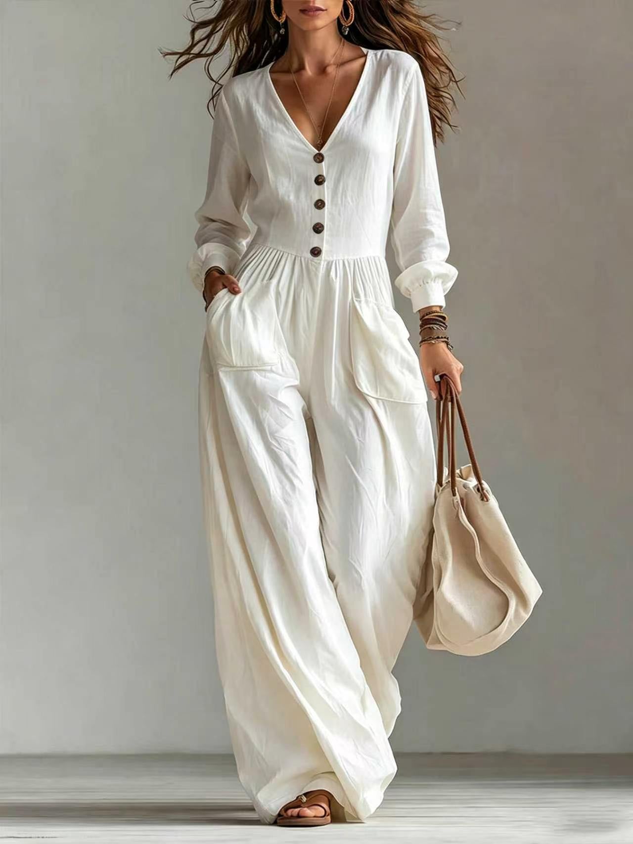 New Autumnwinter Casual Chic Womens V-neck Long-sleeve Jumpsuit With Pockets NorixaFashion.com