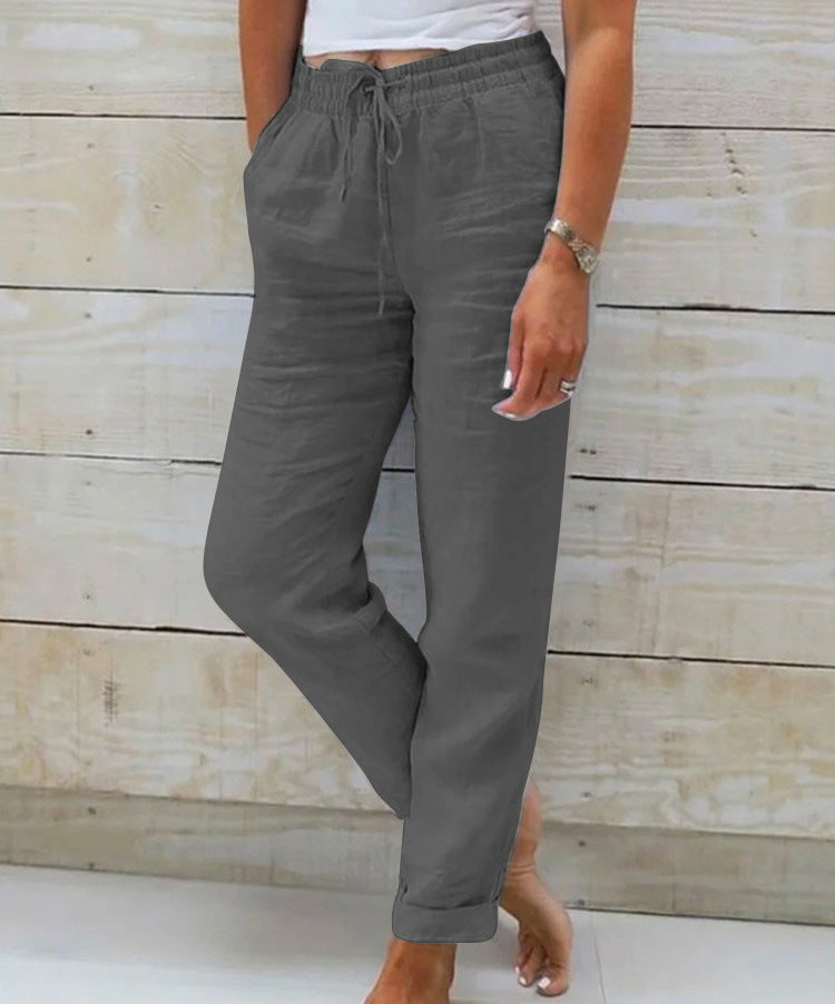 Elastic Waist Solid Cotton Hemp Pants NorixaFashion.com