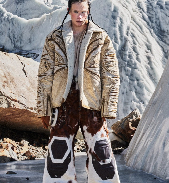 Ravaged And Distressed Apricot Lambswool Denim Jacket LuxuryLifeWay Online Store