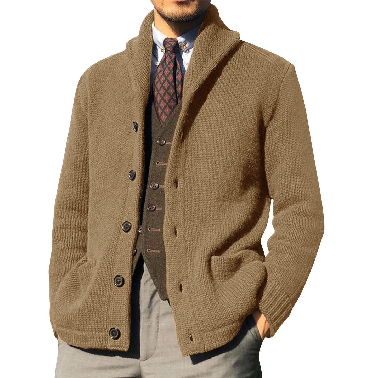 New Sweater Men's Euro American Solid Long Sleeve Knitted Cardigan LadyShow.Store