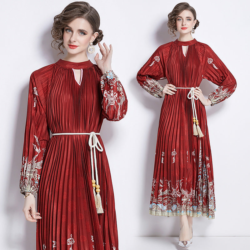 Pleated Tassel Belt Dress Women NorixaFashion.com