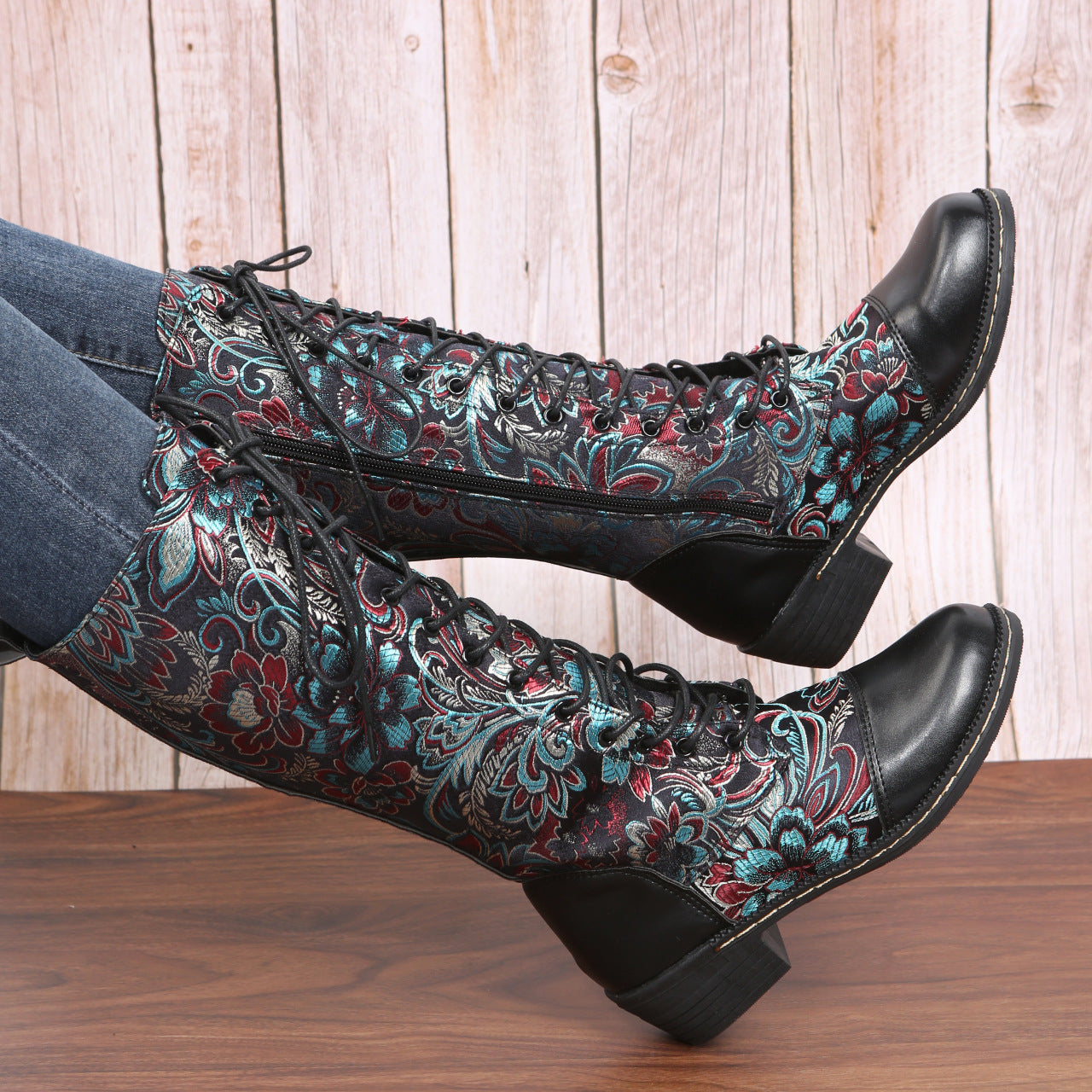 Flowers Print Long Boots WInter Retro Ethnic Style Shoes Lace-up Heeled Boots Women LadyShow.Store