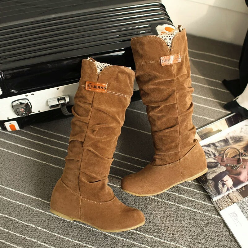 Large Size Flat Bottom Round Toe Mid-calf Lace Suede Pleated Dr Martens Boots LadyShow.Store