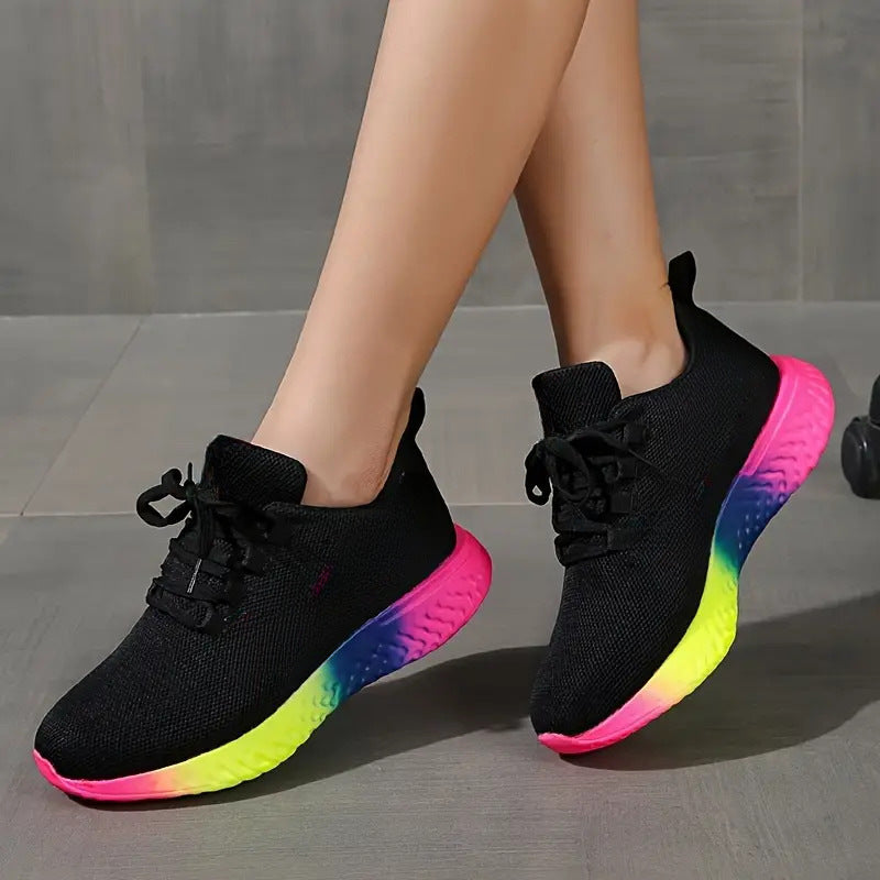 Lace-up Mesh Shoes With Rainbow Sole Design Fashion Walking Running Sports Shoes Sneakers For Women