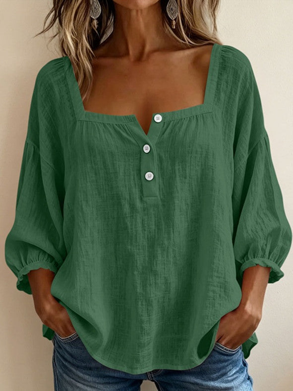 Casual Resort-style Linen Top With Three-quarter Sleeves NorixaFashion.com